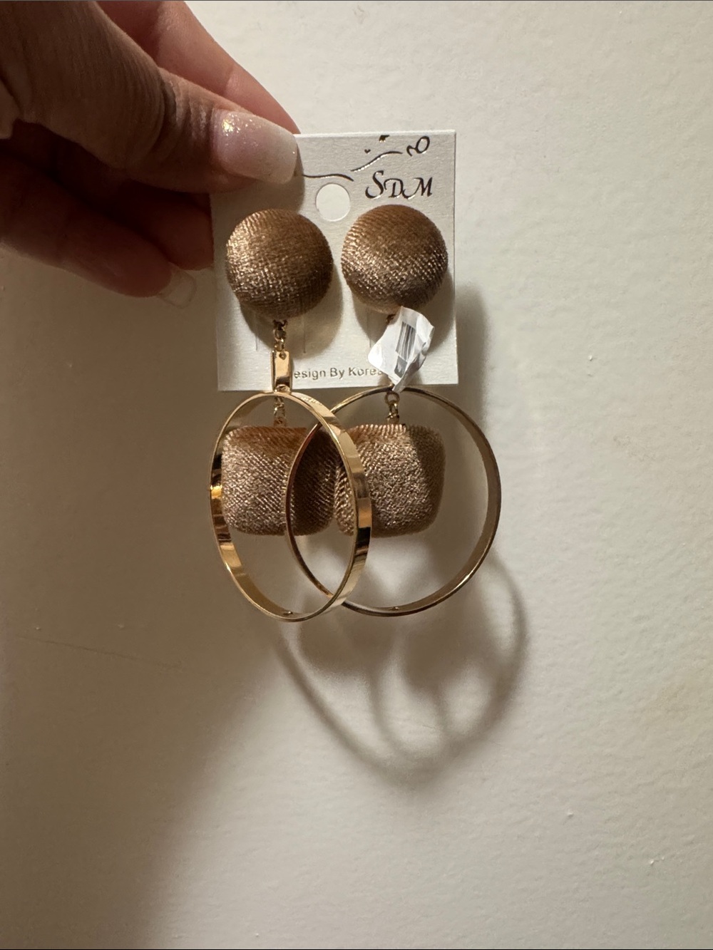Gold Tone Fabric and Hoop Drop Earrings - Brand: